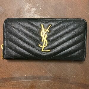 Yves Saint Laurent Black Chevron Wallet with Gold Logo